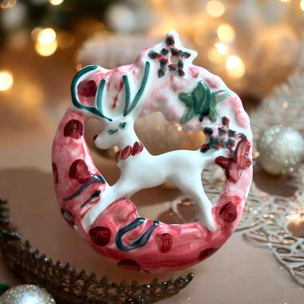 Artist Signed Reindeer Christmas Ornament Gail Pittman 1999 Ceramic Vintage